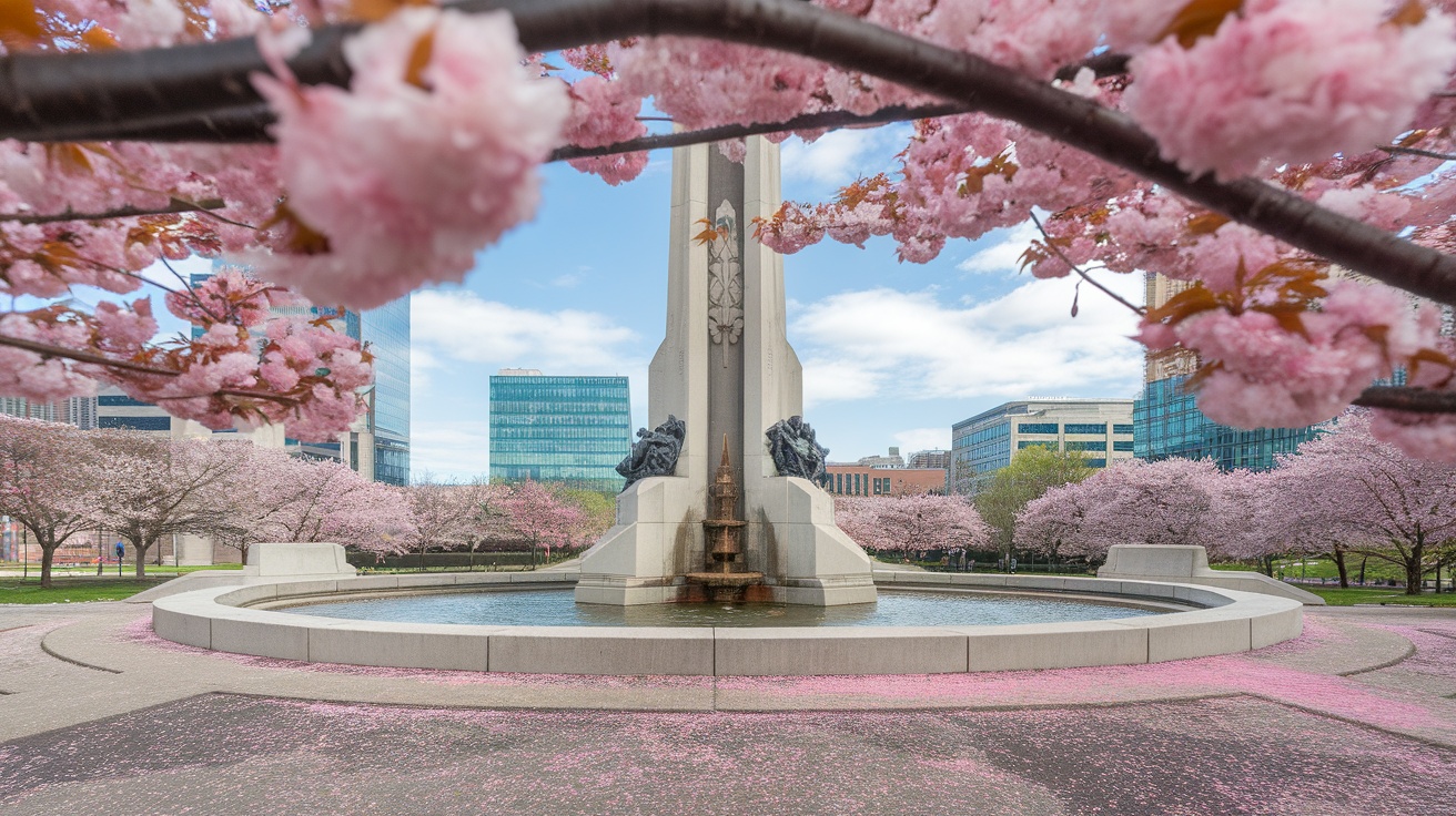 Cherry blossoms in Ottawa, Canada, with a fountain and city skyline in the background.