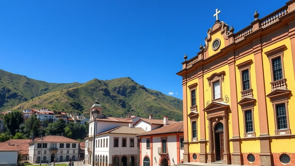 A vibrant colonial building in Ouro Preto, Brazil, against a backdrop of mountains.