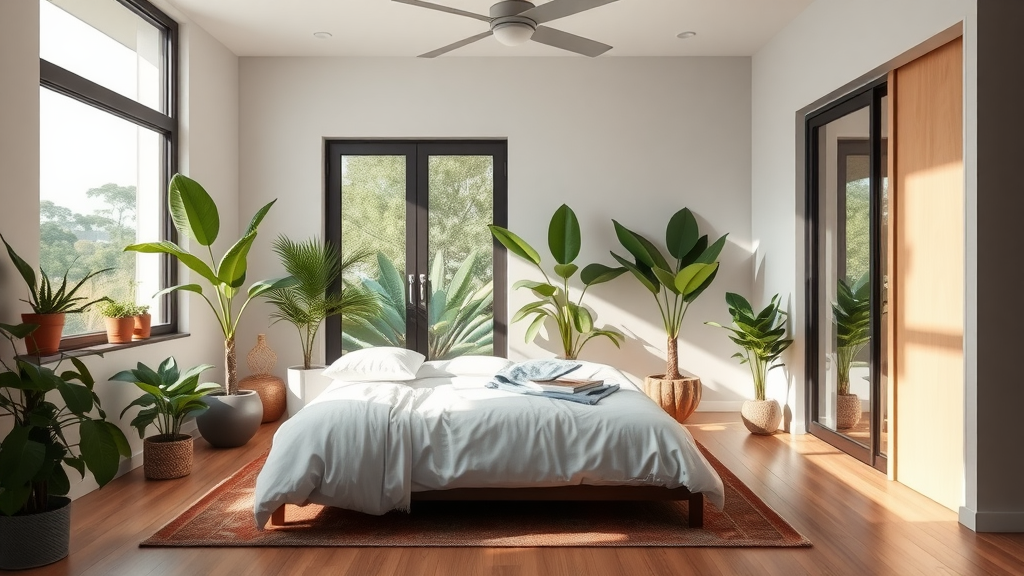 A stylish bedroom with large windows, a bed with white bedding, and various indoor plants