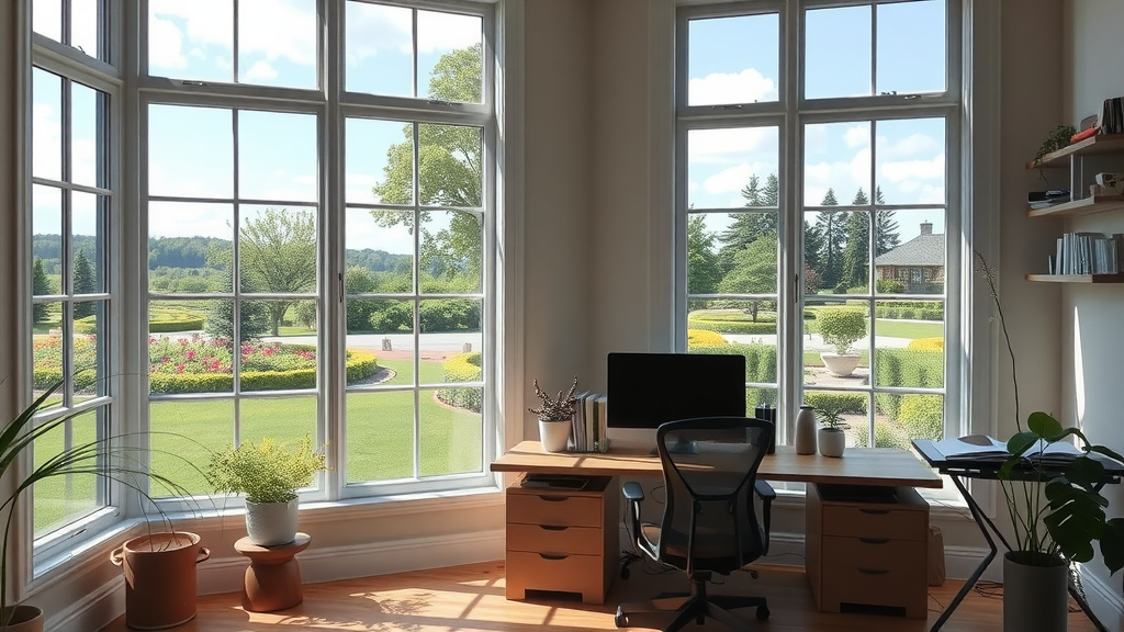 A bright home office with large windows overlooking a beautiful garden.