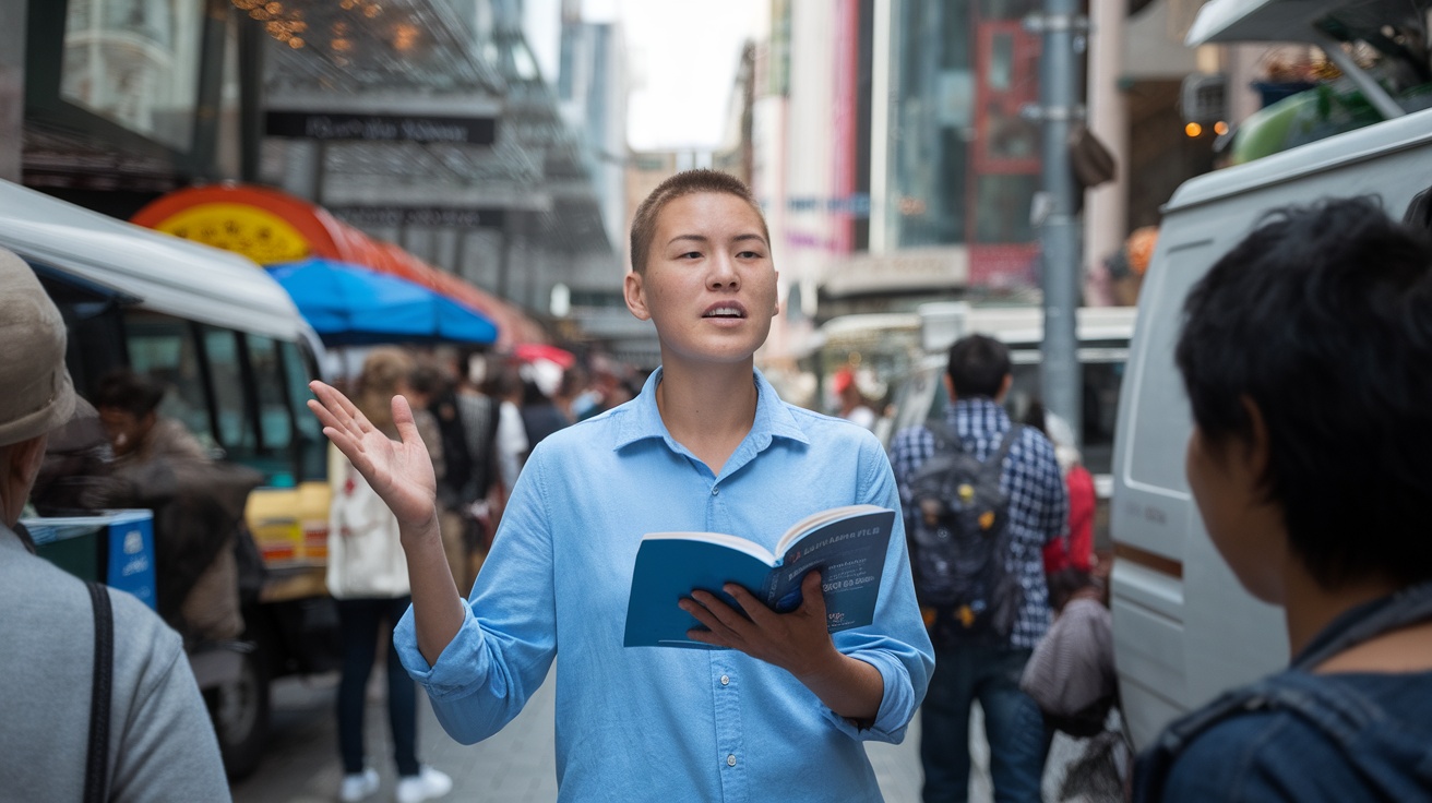 A woman enthusiastically engaging with two people while holding a book, set in a busy urban environment.