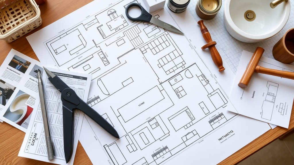 Blueprints and tools laid out on a table for bathroom remodeling planning.