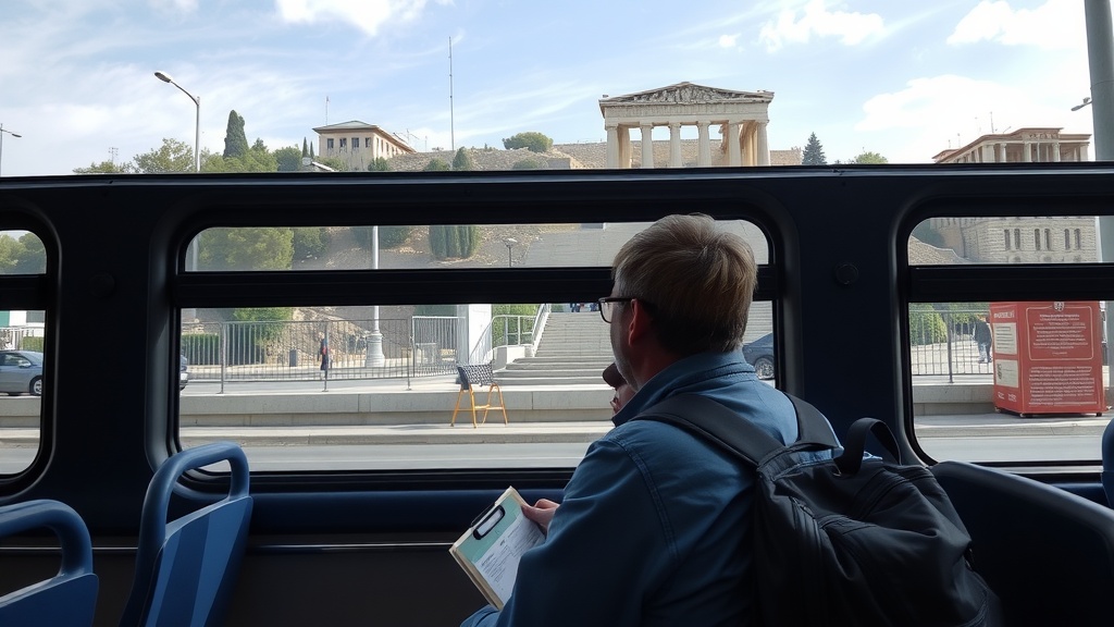 A view from inside a bus showing a passenger looking out at historic Greek architecture.