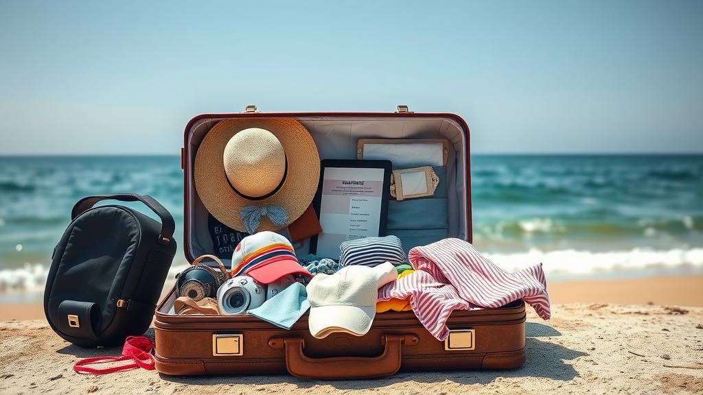 A suitcase open on a beach with clothes, hats, and a camera, symbolizing overpacking for a trip.