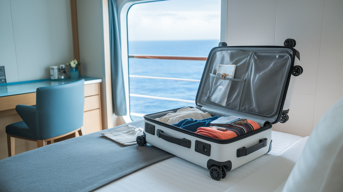 Open suitcase with neatly packed clothes in a cruise cabin