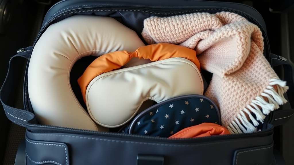 A packed travel bag containing a neck pillow, a blanket, and other travel essentials.