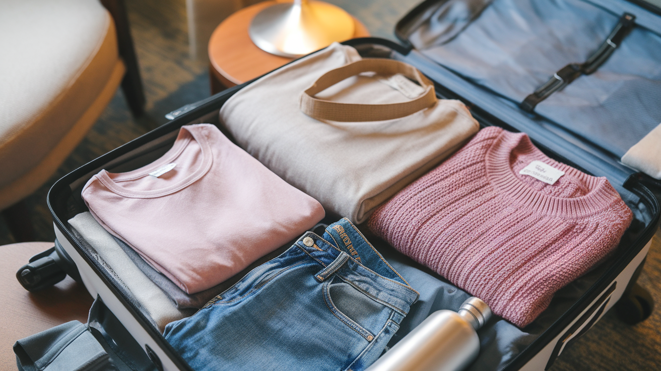 A well-organized suitcase with folded clothes and essential travel items.