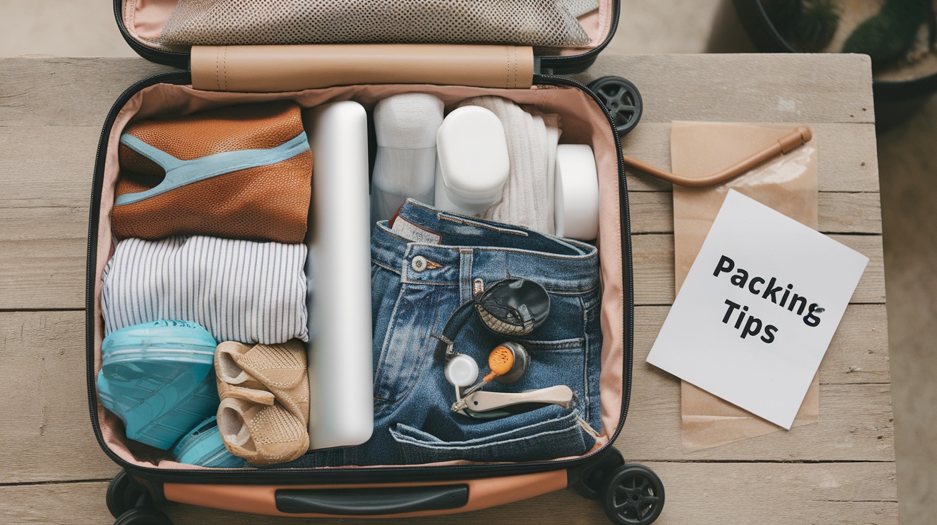 A neatly packed suitcase with clothes, shoes, and a packing tips note