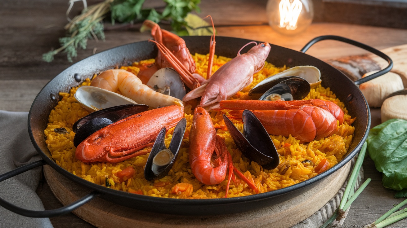 A vibrant paella Valenciana with seafood on a pan.