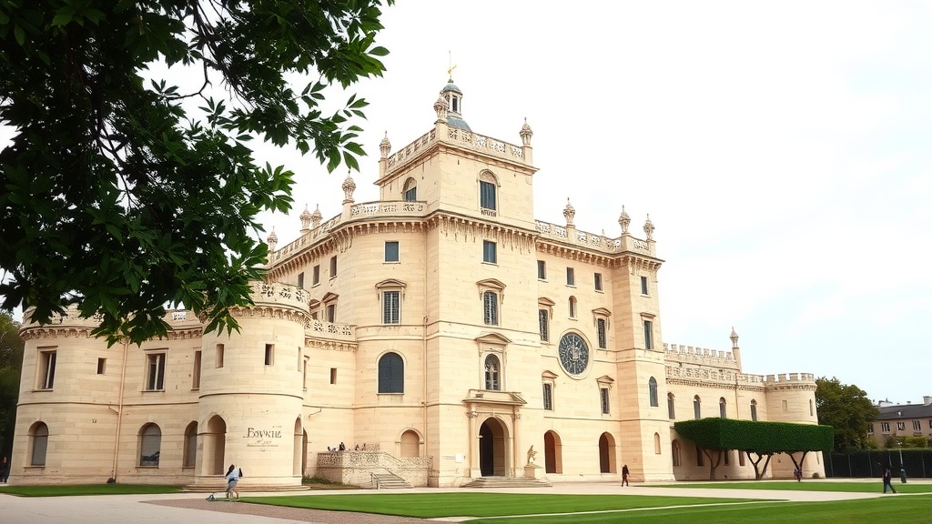 Exterior view of the Palace of the Popes in Avignon, showcasing its grand architecture and surrounding gardens.