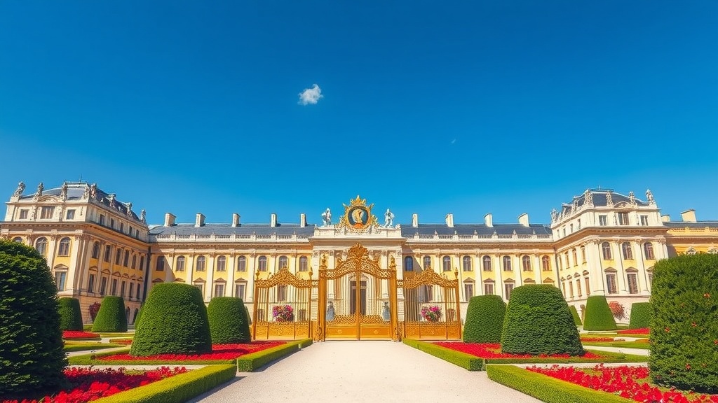 A view of the Palace of Versailles showcasing its golden gates and manicured gardens.