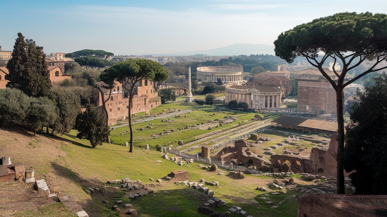 A panoramic view of Palatine Hill showing ancient ruins and surrounding landmarks in Rome.