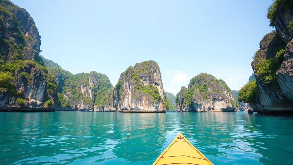 A view from a kayak in Palawan, showcasing the turquoise waters and towering limestone cliffs.