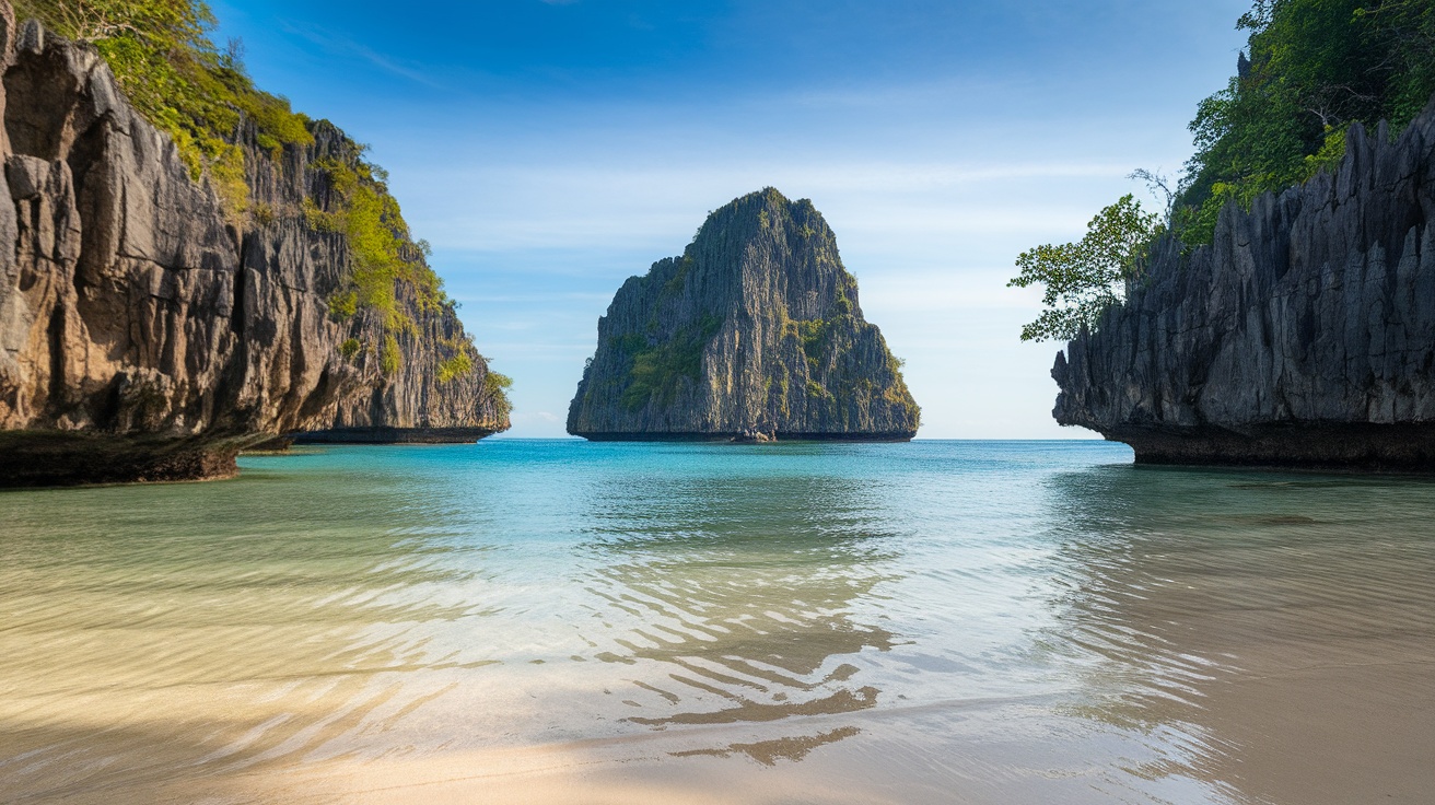 A picturesque view of Palawan's rocky coastline and clear blue waters.