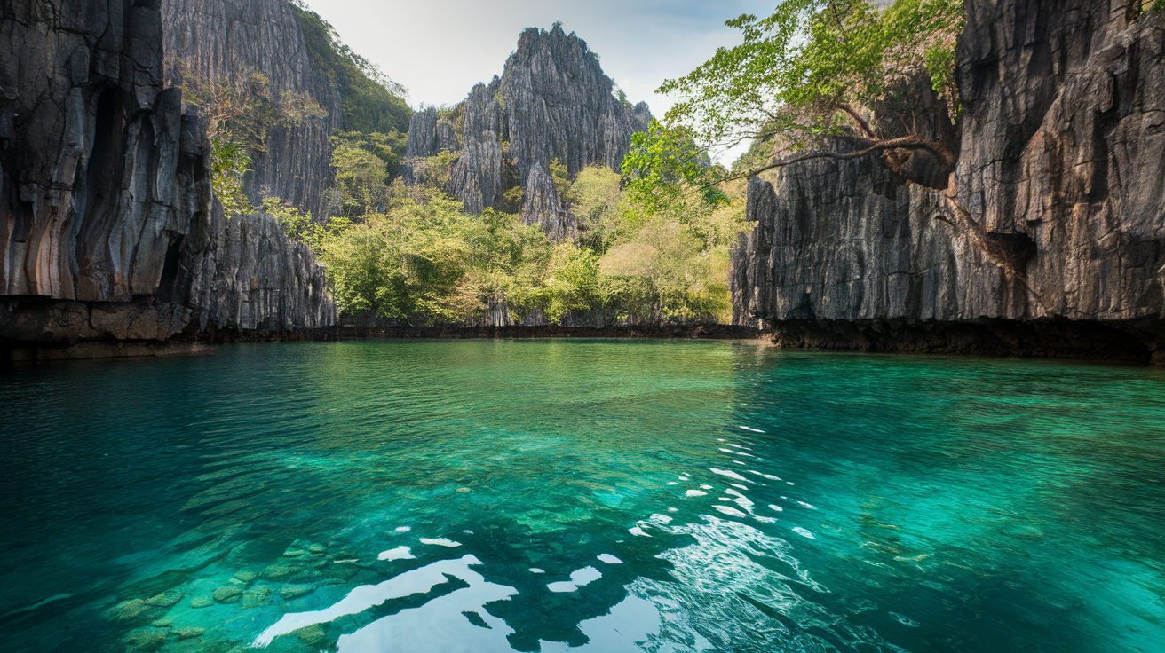 A serene lagoon surrounded by limestone cliffs and lush greenery in Palawan, Philippines.