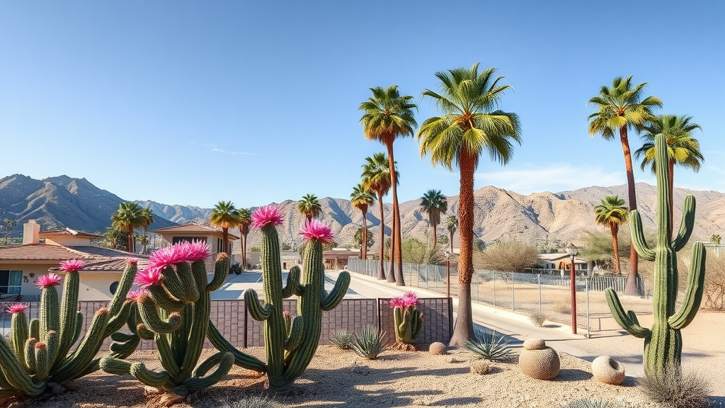 Palm Springs desert scene with palm trees and cacti against a mountain backdrop.