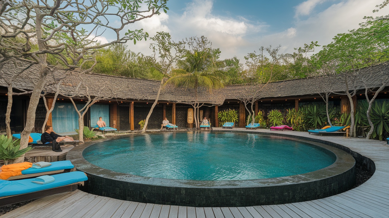 A serene pool area surrounded by greenery at Palmaïa resort