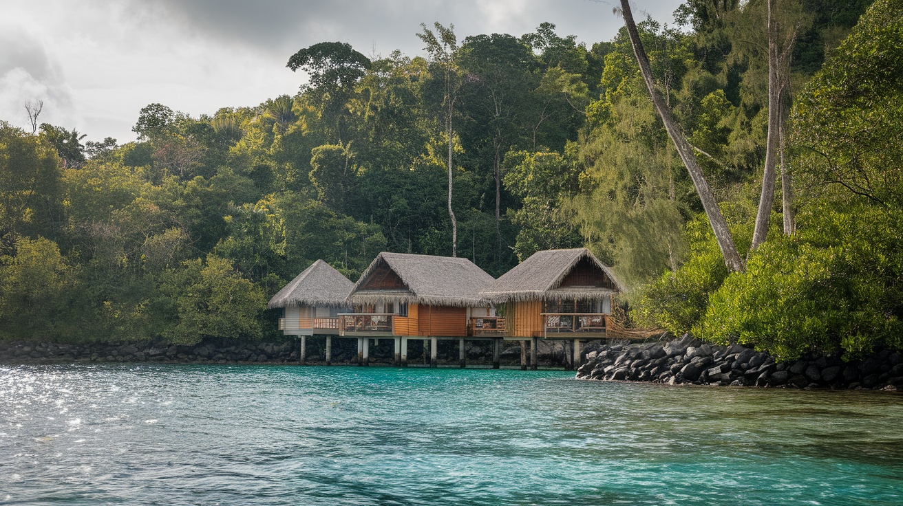 Overwater bungalows in Panama surrounded by lush greenery and clear waters.