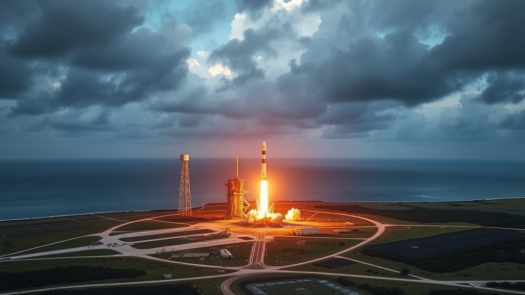 A rocket launching from Cape Canaveral with ocean views and cloudy skies.