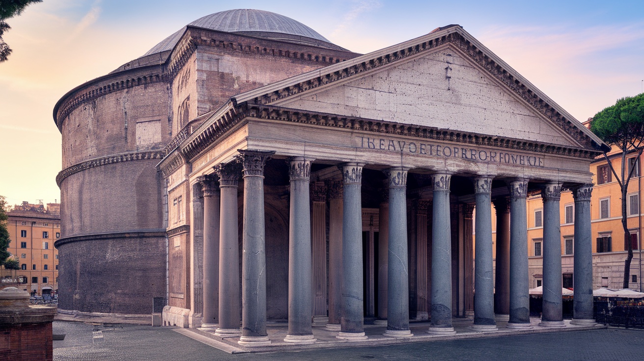 Exterior view of the Pantheon in Rome, showcasing its impressive columns and dome.