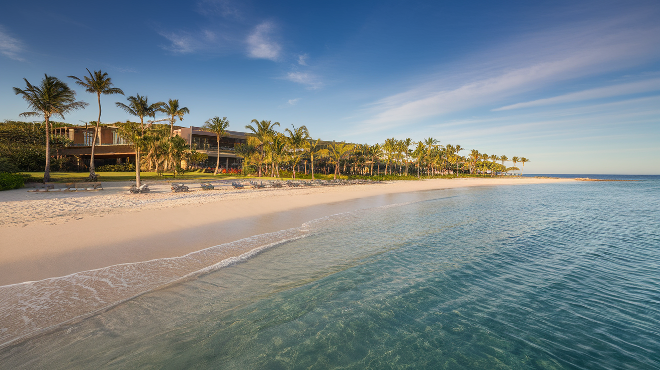 A beach resort with guests paddleboarding and dining by the shore