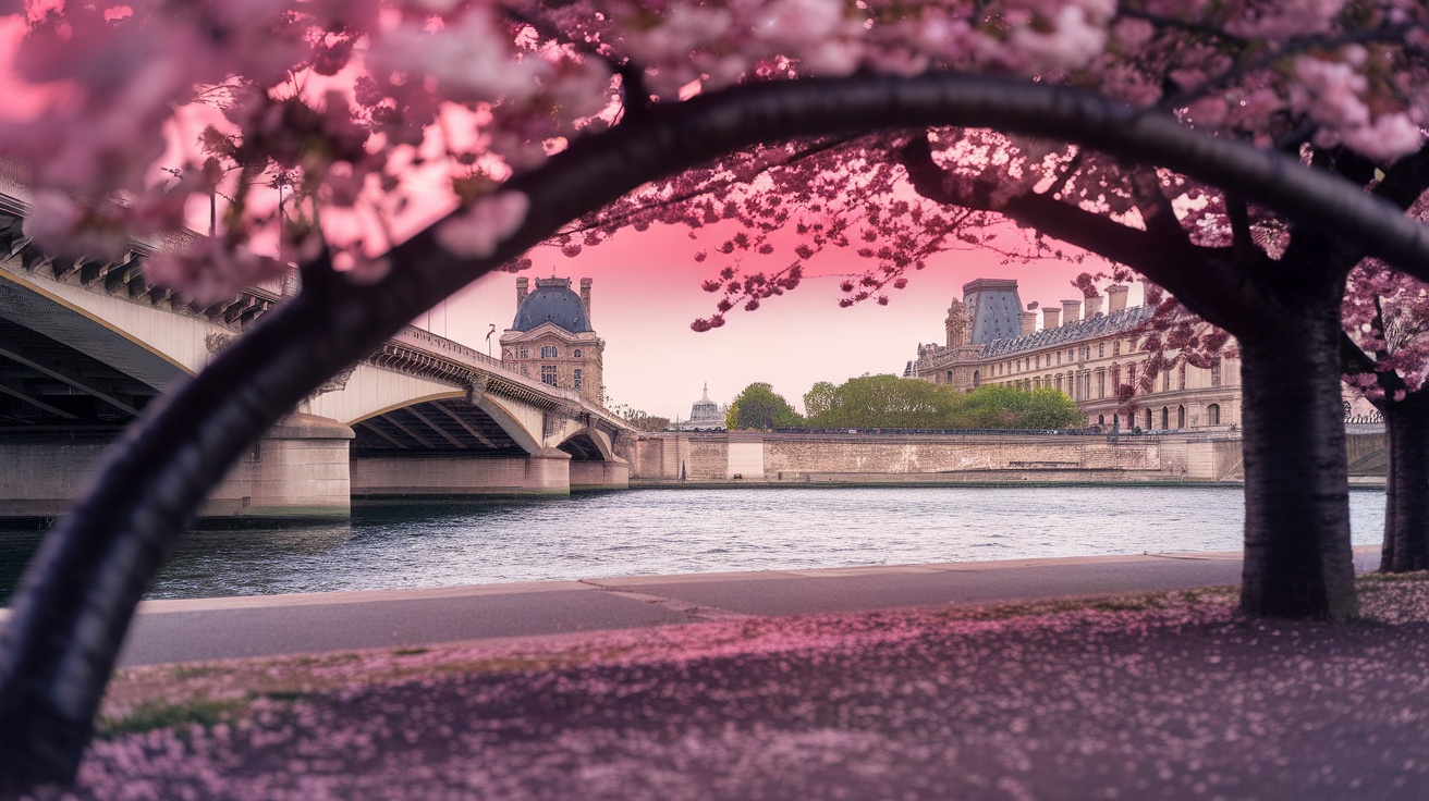 Cherry blossoms framing the Seine River in Paris