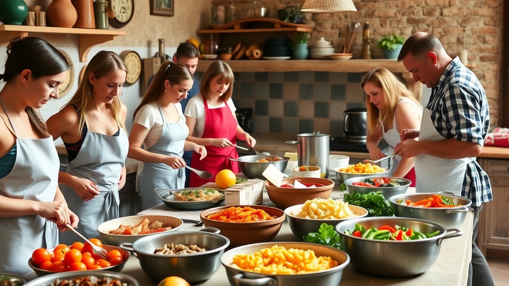 A group of people participating in a cooking class, preparing various dishes in a rustic kitchen setting.