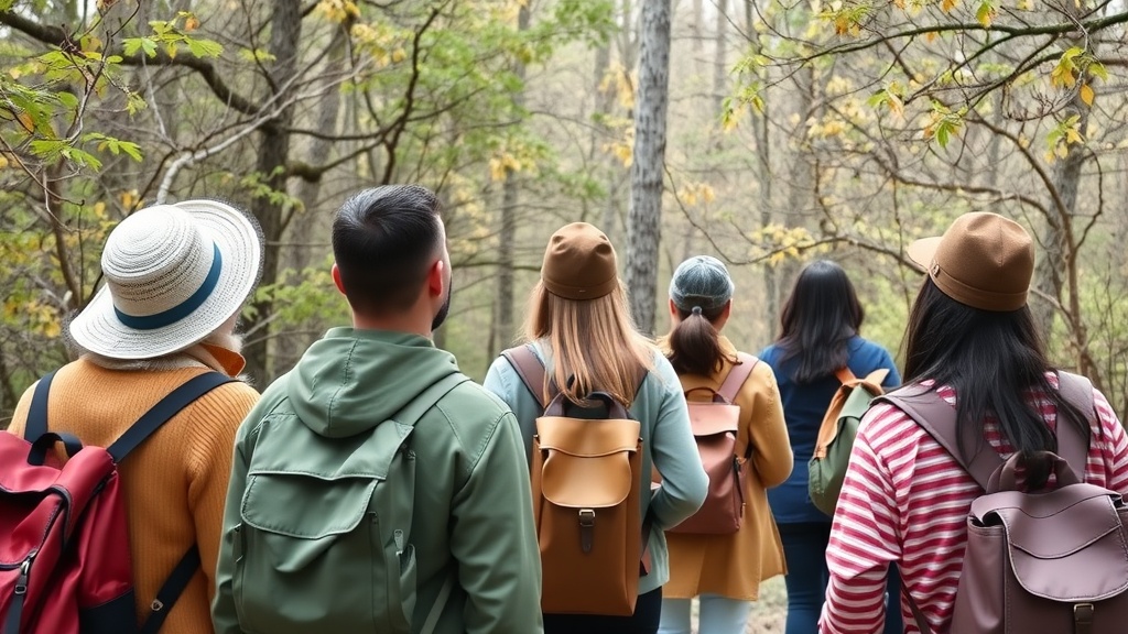 A group of people walking through a forest on a guided nature walk, seen from the back.