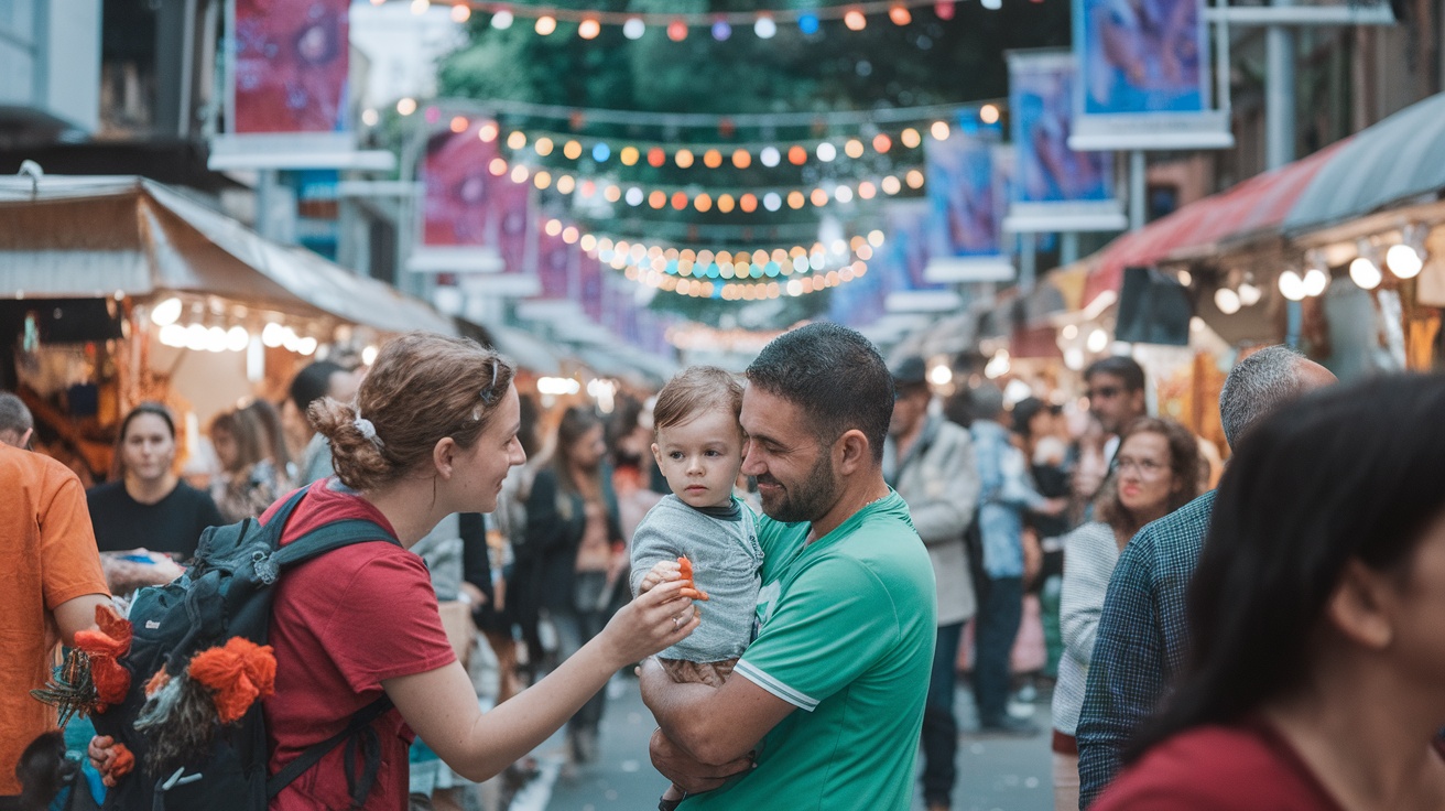 A busy street festival with vendors and people socializing.