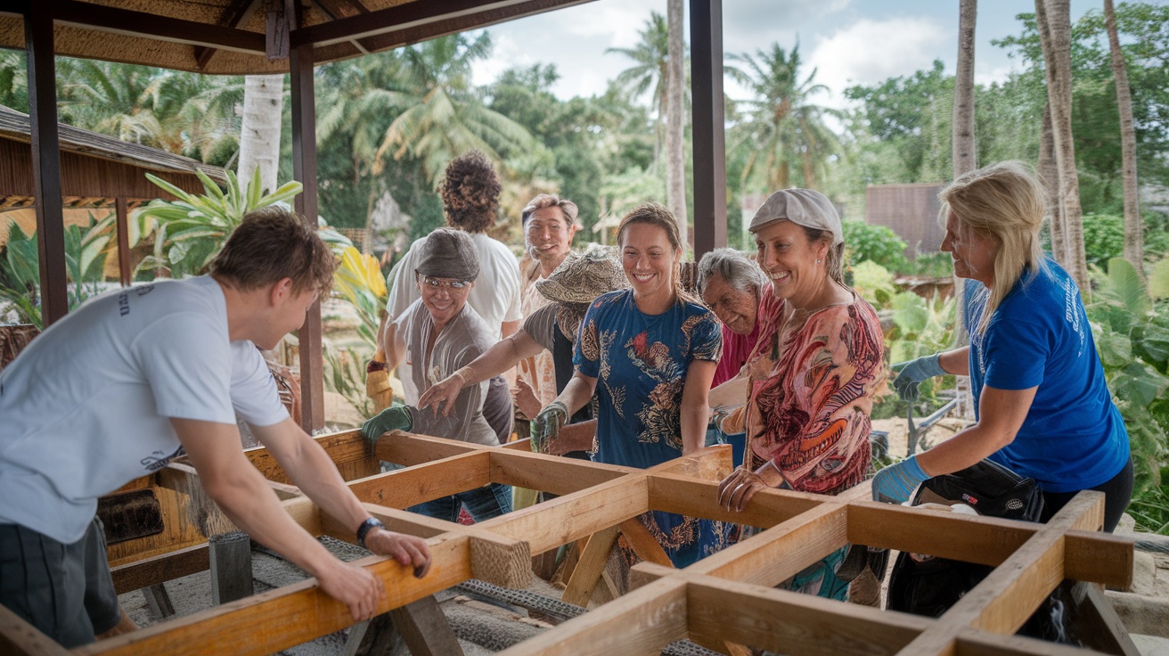 Group of people joyfully participating in a volunteer project outdoors.