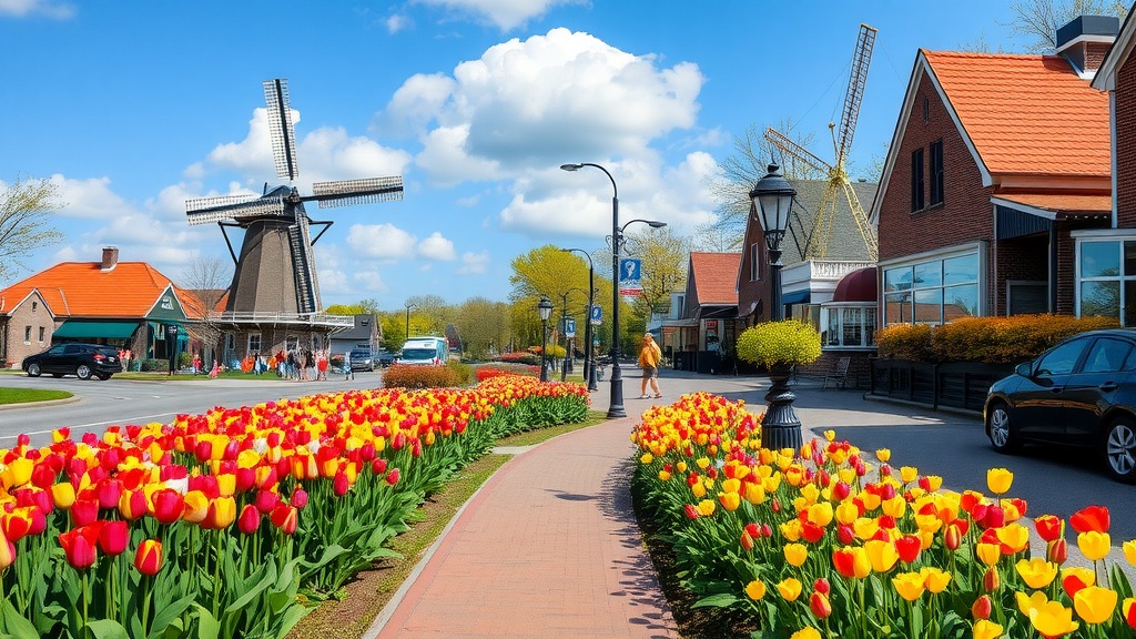 A vibrant street scene in Holland, Michigan, featuring tulip gardens and traditional windmills.