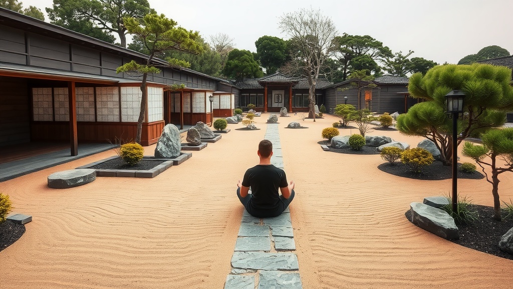 A peaceful Zen garden with stones, sand, and bonsai trees, featuring a person meditating.