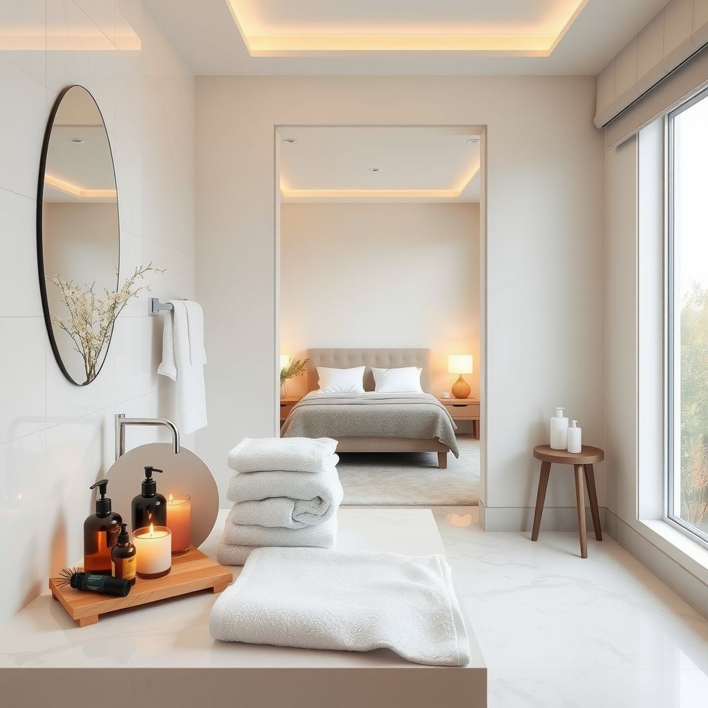 A modern bedroom with spa-like elements, featuring soft towels, candles, and warm lighting.