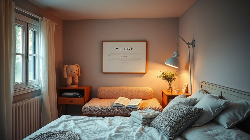 Cozy bedroom nook with a sofa, books, and soft lighting