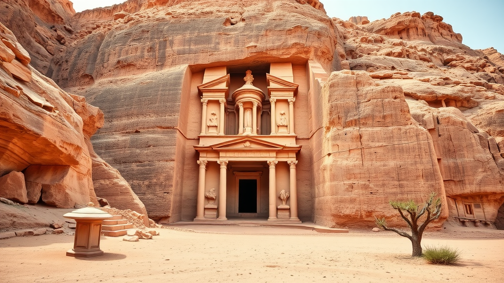 An ancient structure carved into red rock in Petra, Jordan.