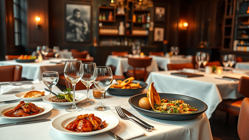 A beautifully set table in a fine dining restaurant with various dishes and drinks.