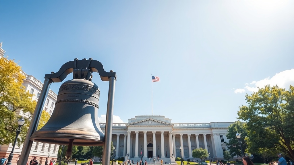 Liberty Bell in front of the Philadelphia Independence Hall with a clear blue sky.