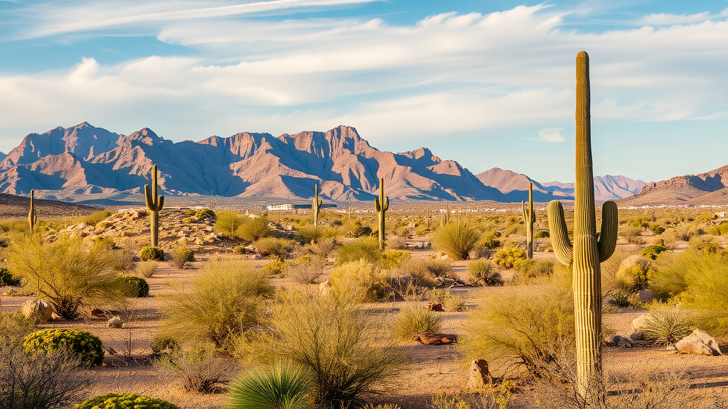 A scenic view of the desert landscape in Phoenix with people walking.