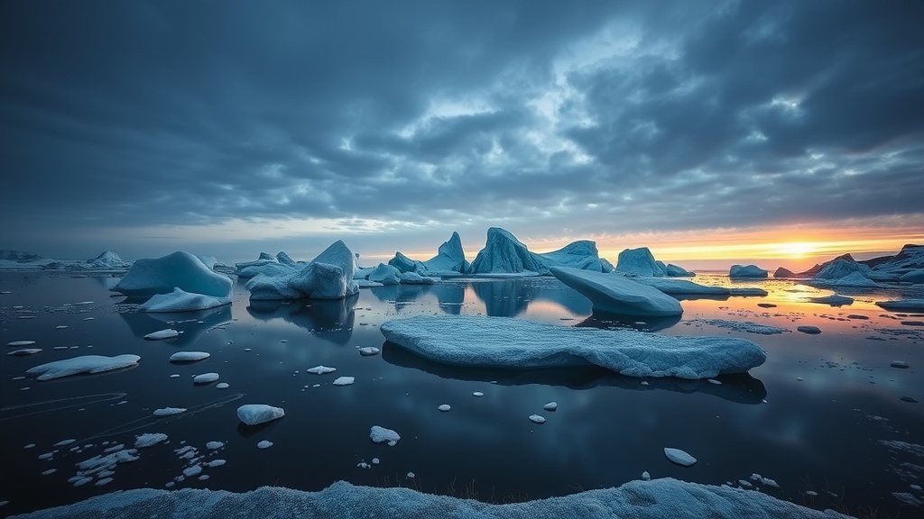 An icy landscape featuring floating icebergs and a dramatic sky at sunset.