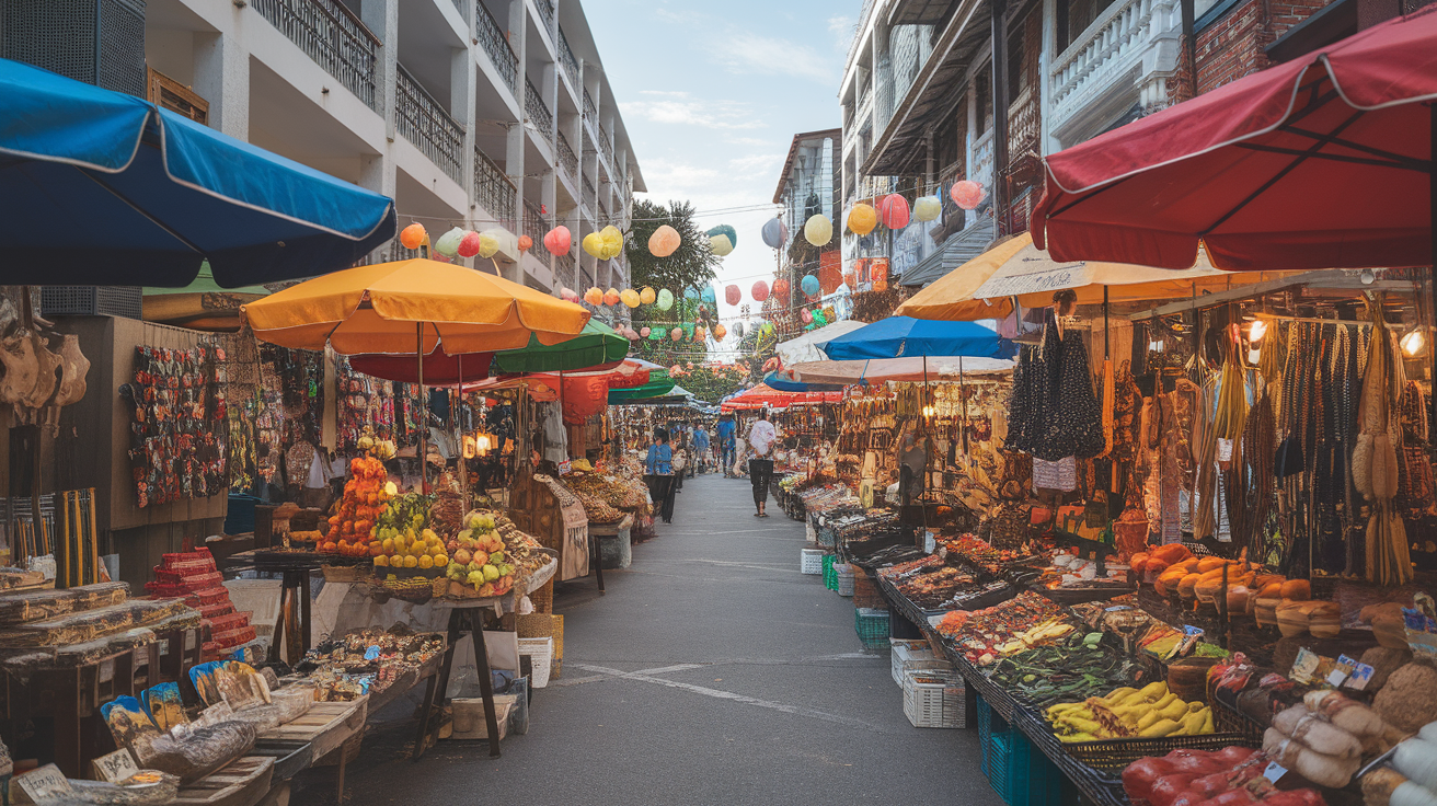 Colorful market stalls filled with fruits, vegetables, and local goods in Phuket.