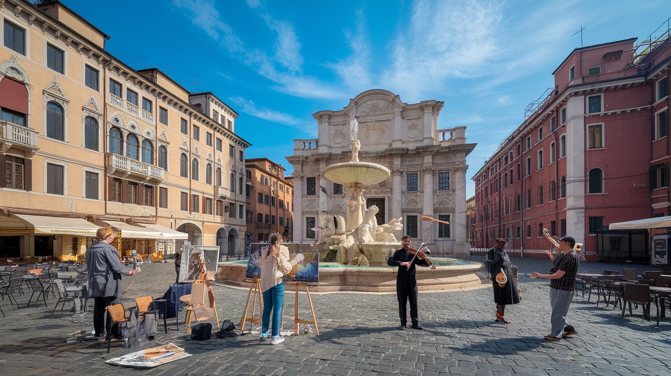 A vibrant scene at Piazza Navona with artists and musicians in a public square.