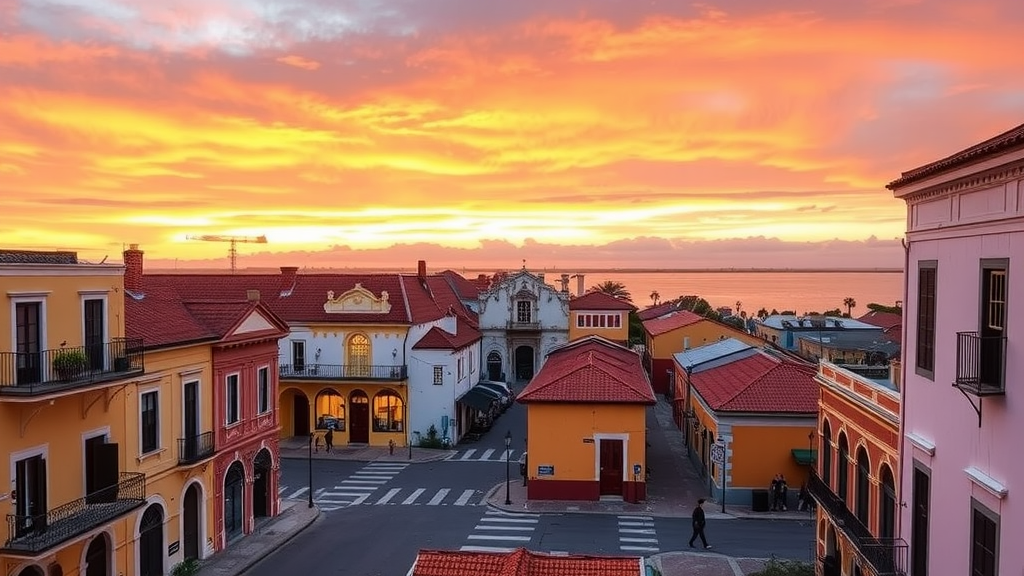 A picturesque view of St. Augustine with a sunset glow over historic buildings.