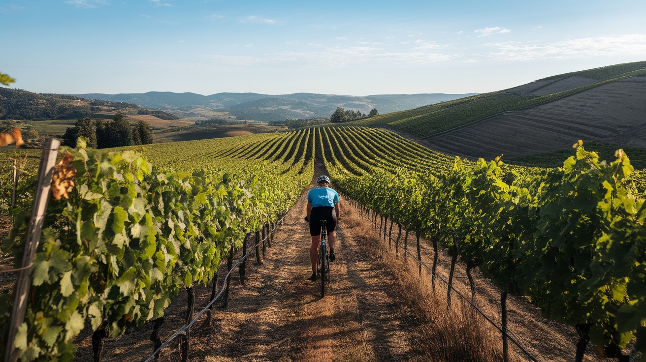 A cyclist riding through a lush vineyard with rolling hills in the background.