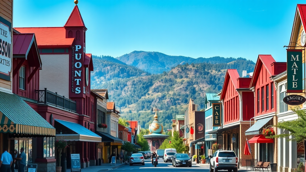 A vibrant street view in Pigeon Forge, Tennessee, showcasing colorful buildings and a scenic mountain backdrop.