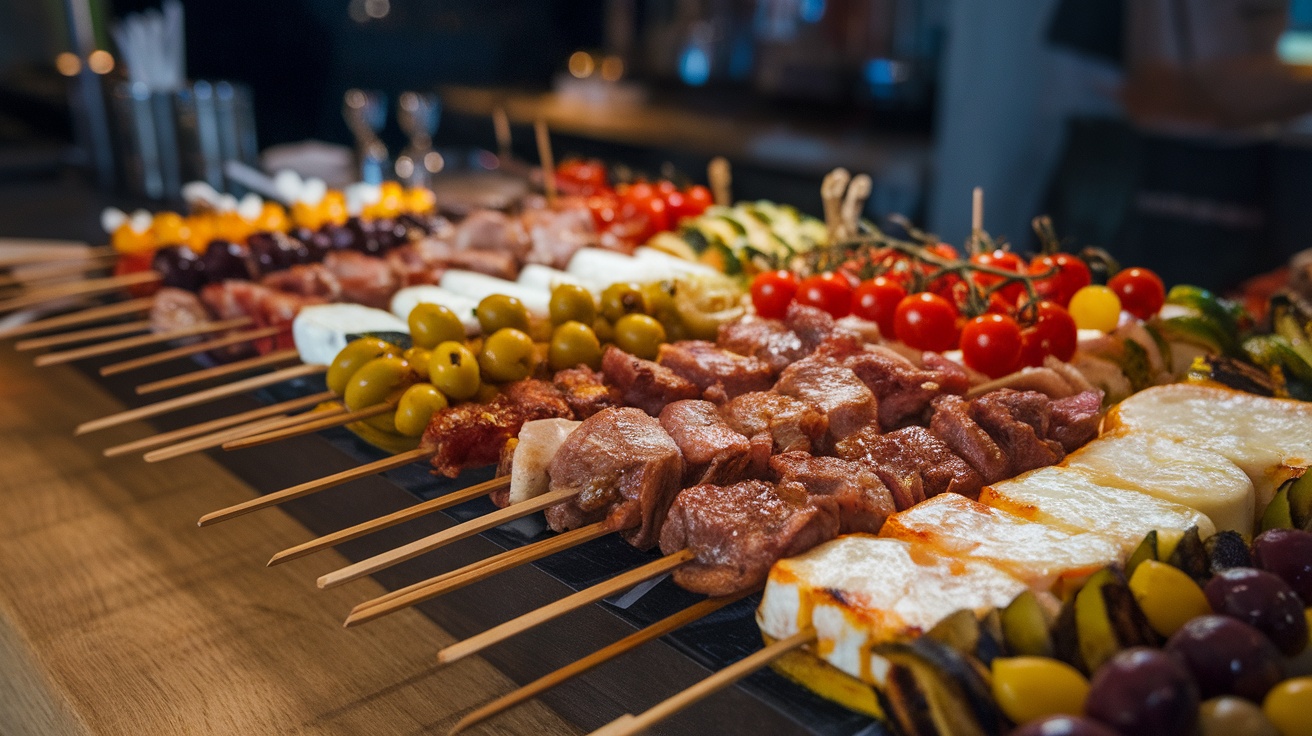 A colorful display of pintxos showcasing various skewers with meats, vegetables, and cheese.