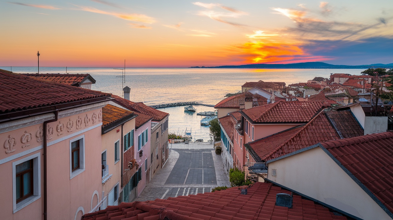 A scenic view of Piran, Slovenia, showcasing colorful buildings and a beautiful sunset over the sea.