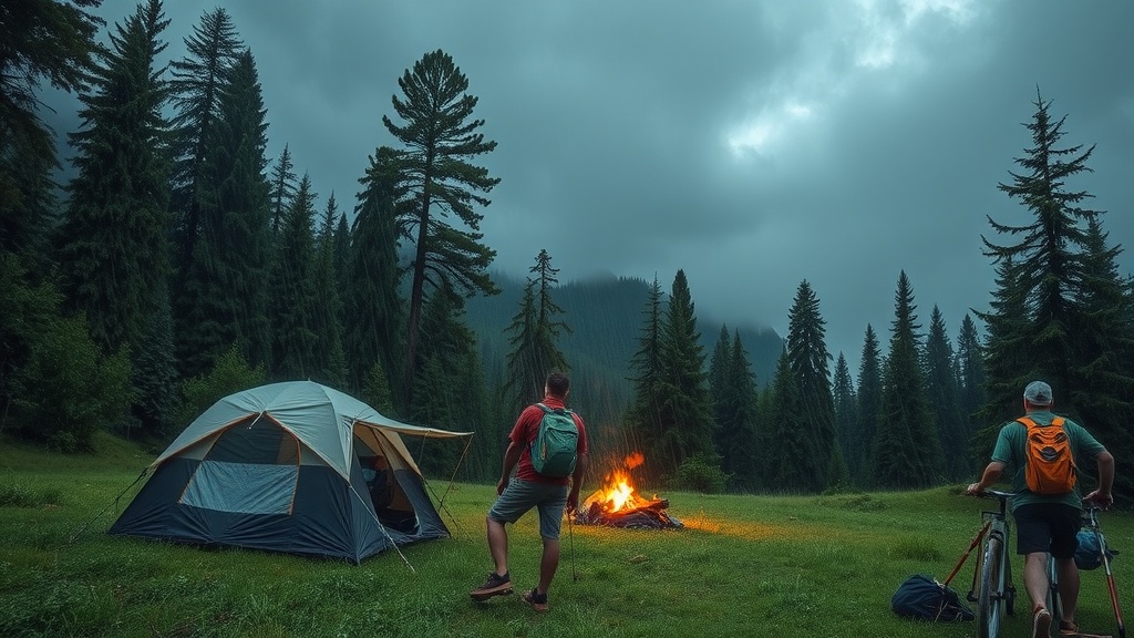 Weather forecast displayed alongside camping tents in a forest