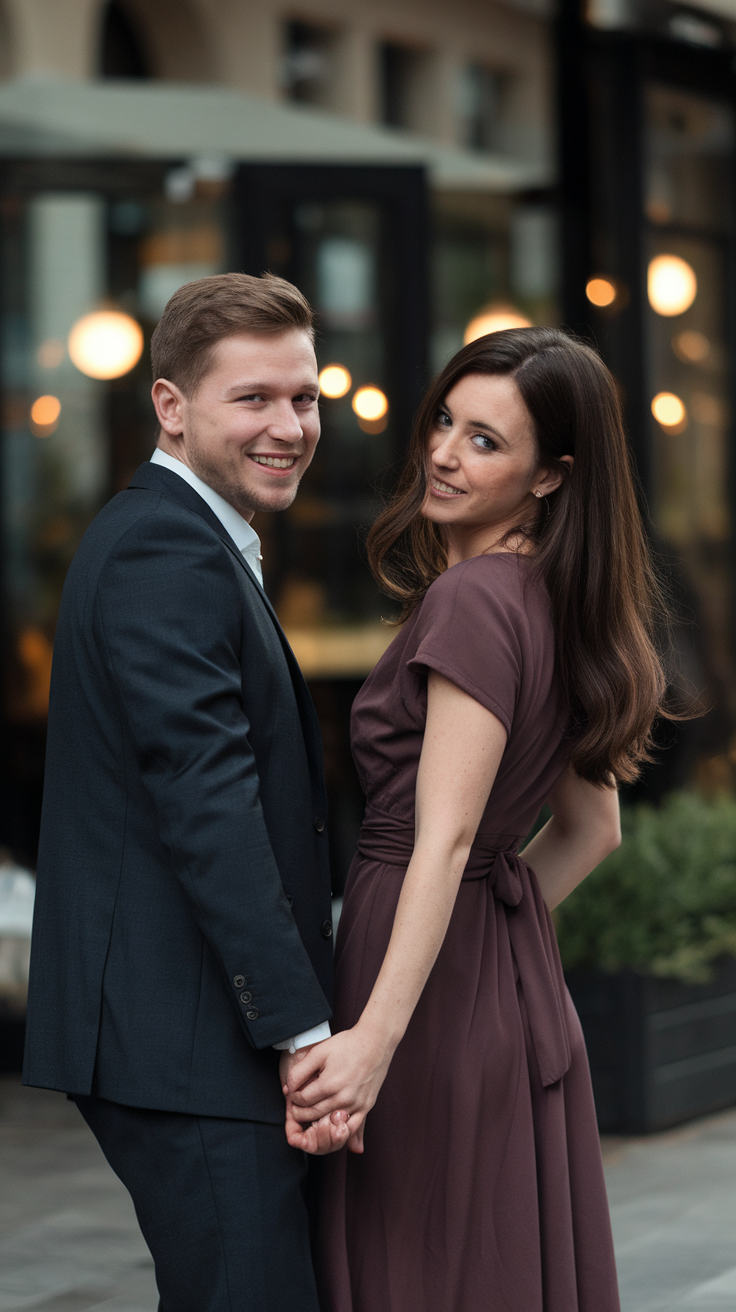 A couple smiling and holding hands while dressed elegantly.