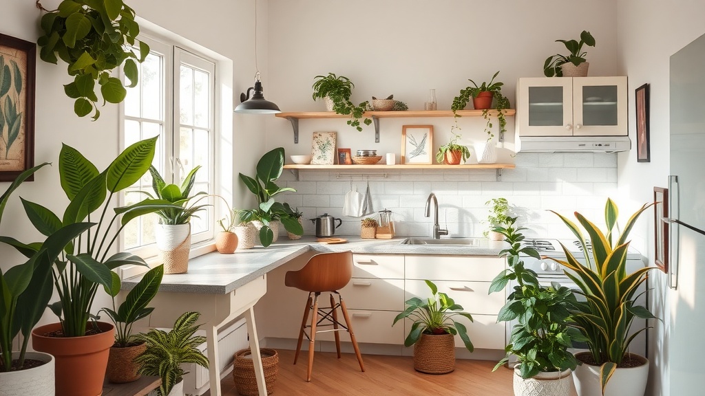 A bright kitchen filled with various indoor plants, showcasing a cozy and natural atmosphere.