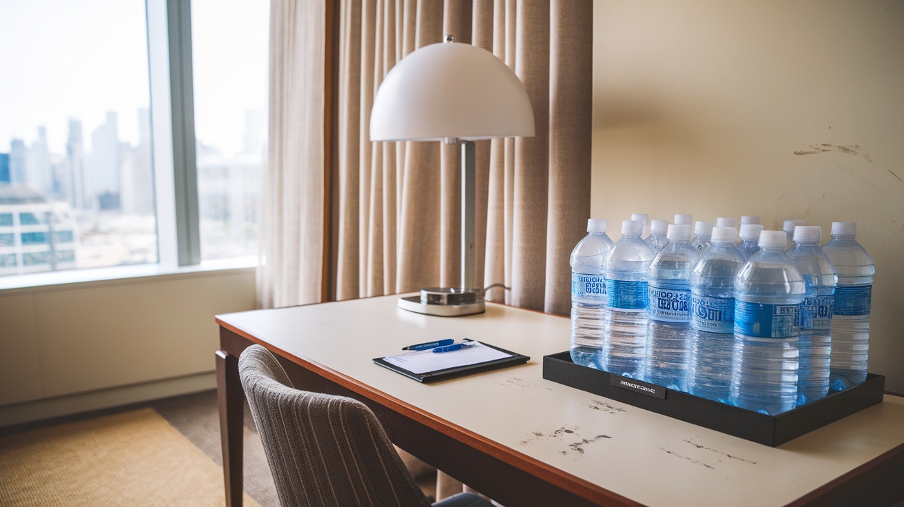 A neat row of plastic water bottles on a hotel room desk, with a view of the city outside.